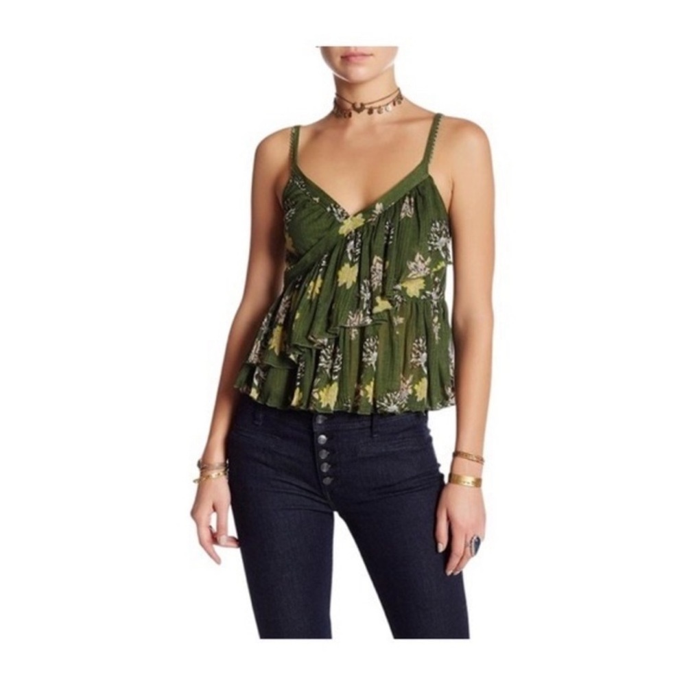 Free People Olive Green Floral Ruffled Tank Top